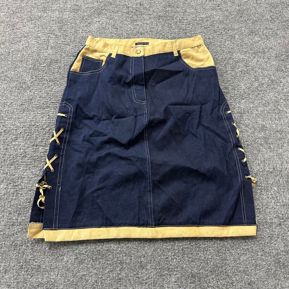 Erica Brooke Skirt Womens 14 Blue Denim Tan Trim Lace Up Side Stretch Midi
